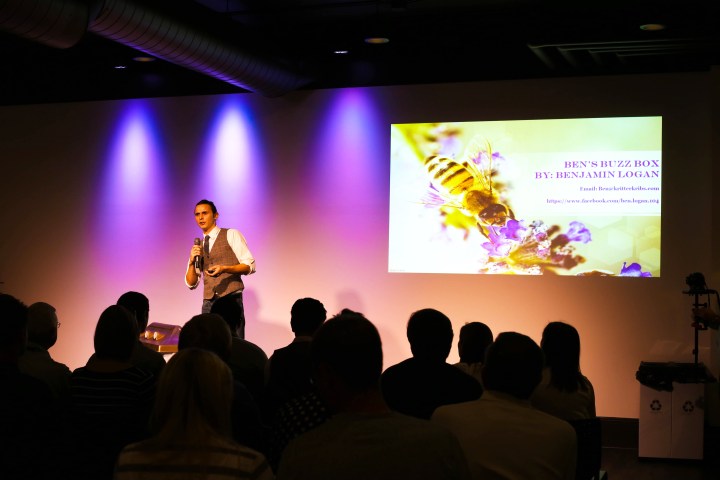 Ben Logan pitching at 5x5 Night in September 2015